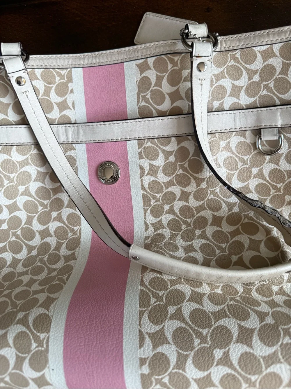 Coach Beige Tote with Pink Center Stripe
